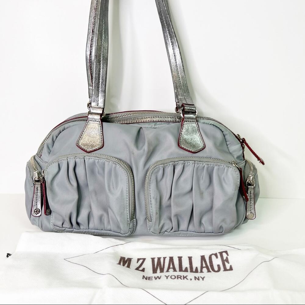 MZ Wallace Gray Tote Purse Lightweight Quilted Nylon Shoulder Bag Silver Trim